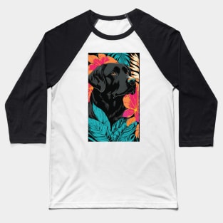 Black Labrador Retriever Dog Vibrant Tropical Flower Tall Retro Vintage Digital Pop Art Portrait 2 Baseball T-Shirt